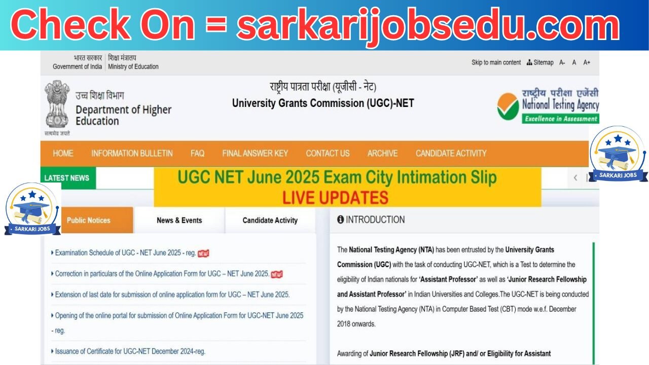 UGC NET June 2025 Exam City Intimation Slip
